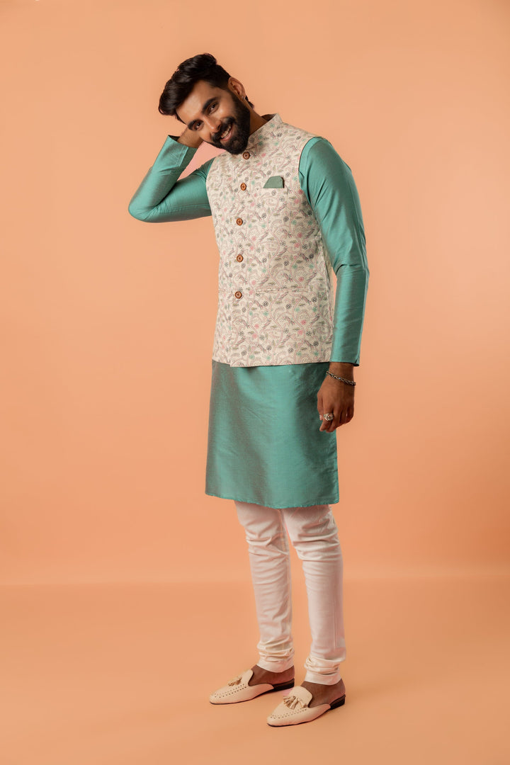 Beige Printed Nehru Jacket | SHOBITAM
