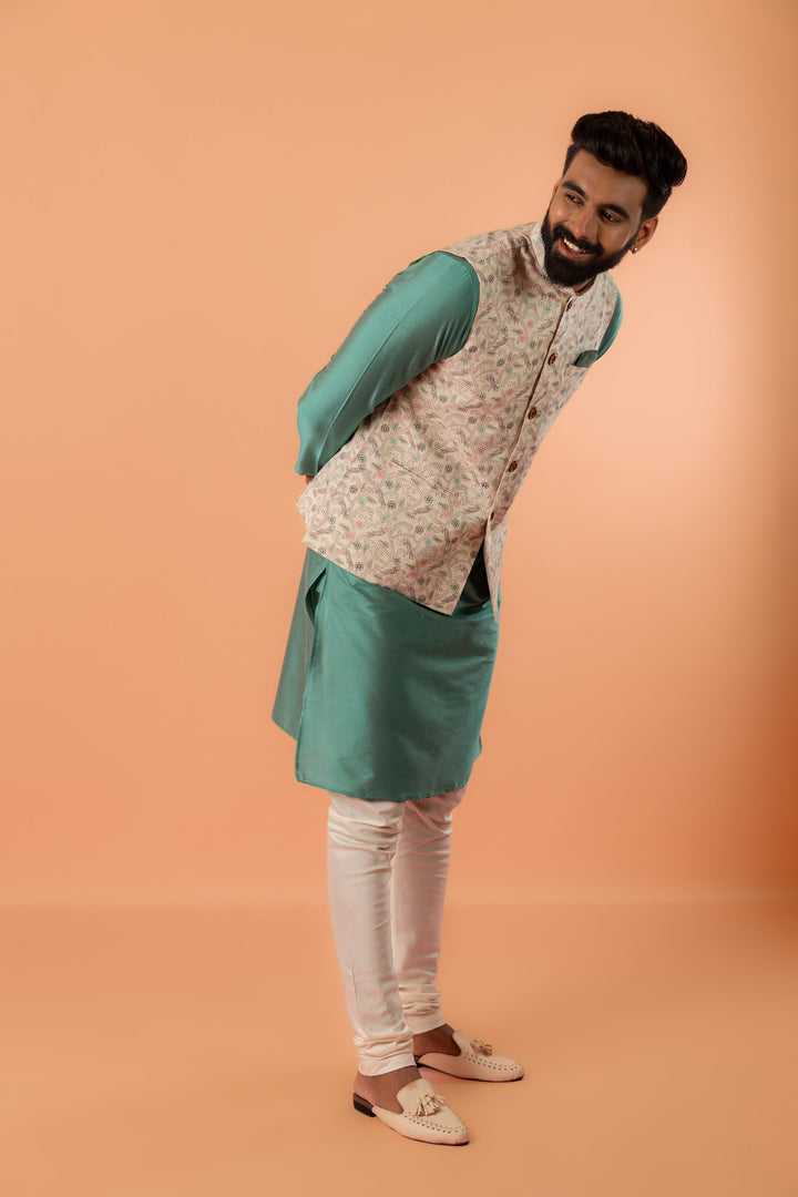 Beige Printed Nehru Jacket | SHOBITAM
