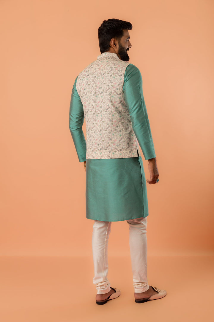 Beige Printed Nehru Jacket | SHOBITAM