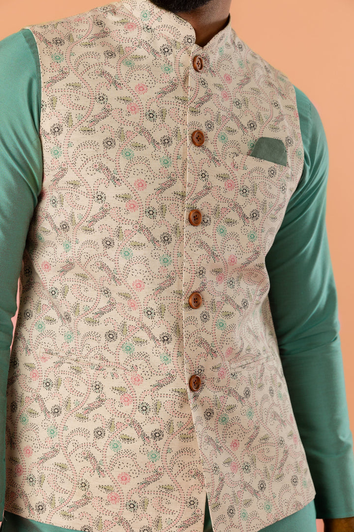 Beige Printed Nehru Jacket | SHOBITAM
