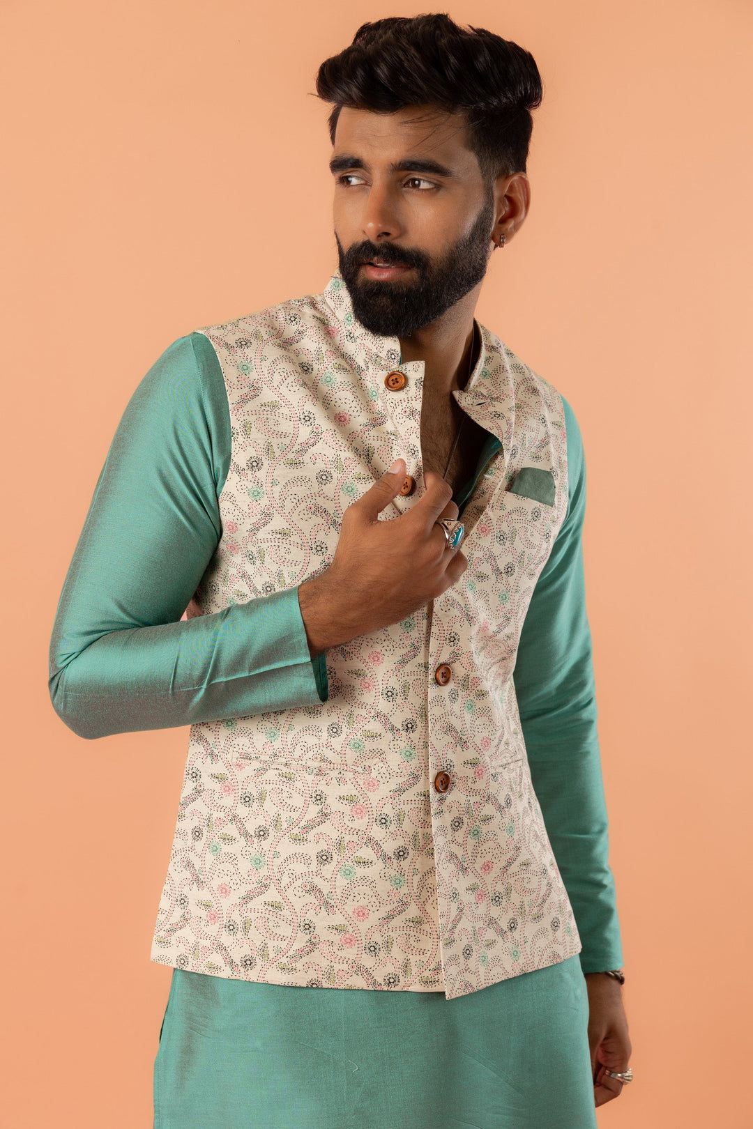 Beige Printed Nehru Jacket | SHOBITAM