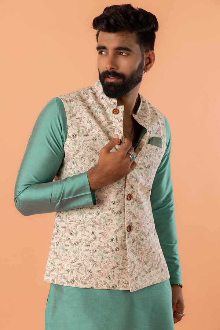 Beige Printed Nehru Jacket | SHOBITAM