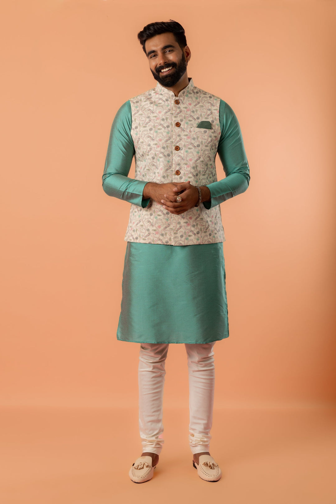 Beige Printed Nehru Jacket | SHOBITAM