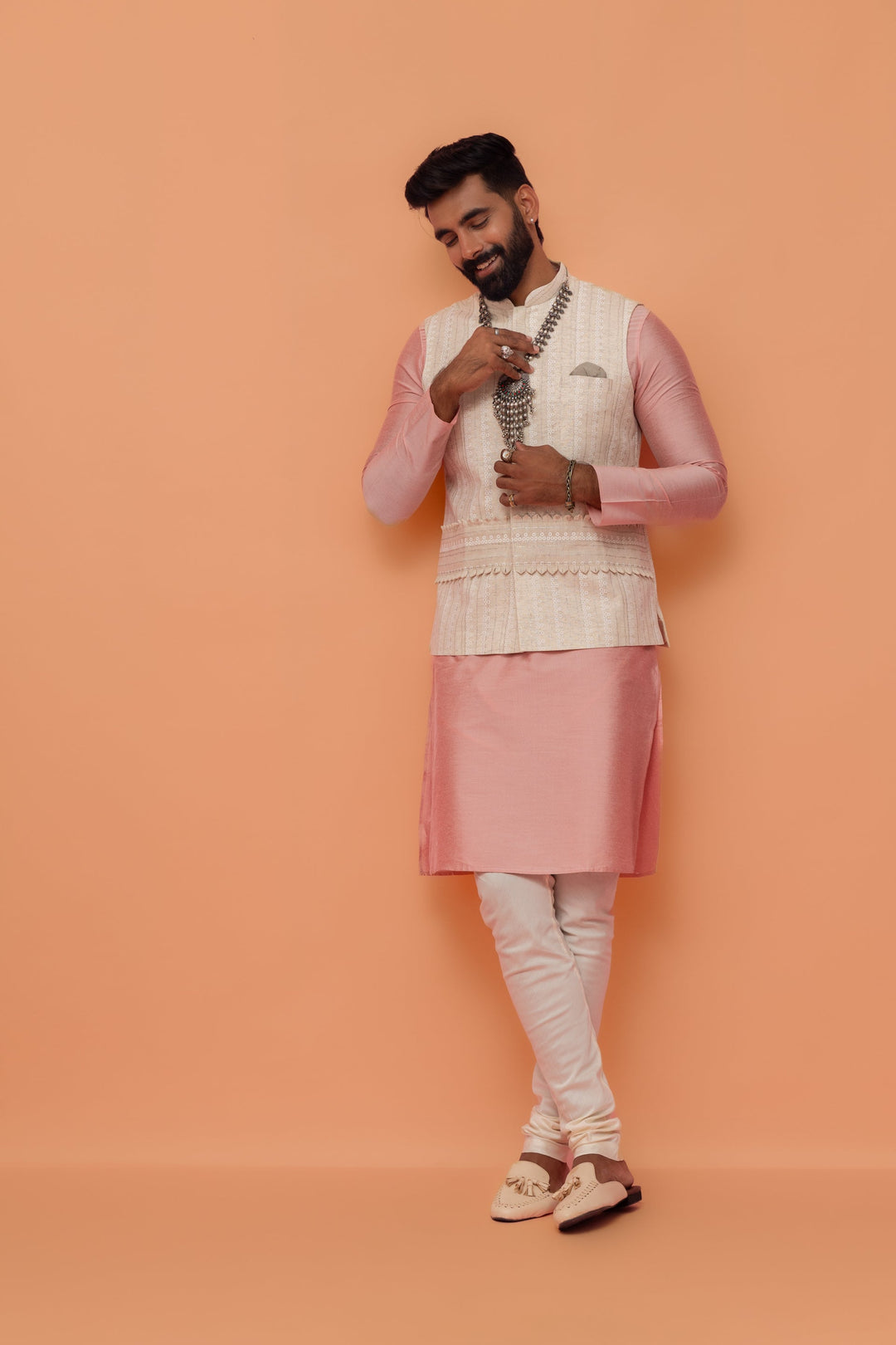Beige Silk Blend Embroidered Nehru Jacket | SHOBITAM