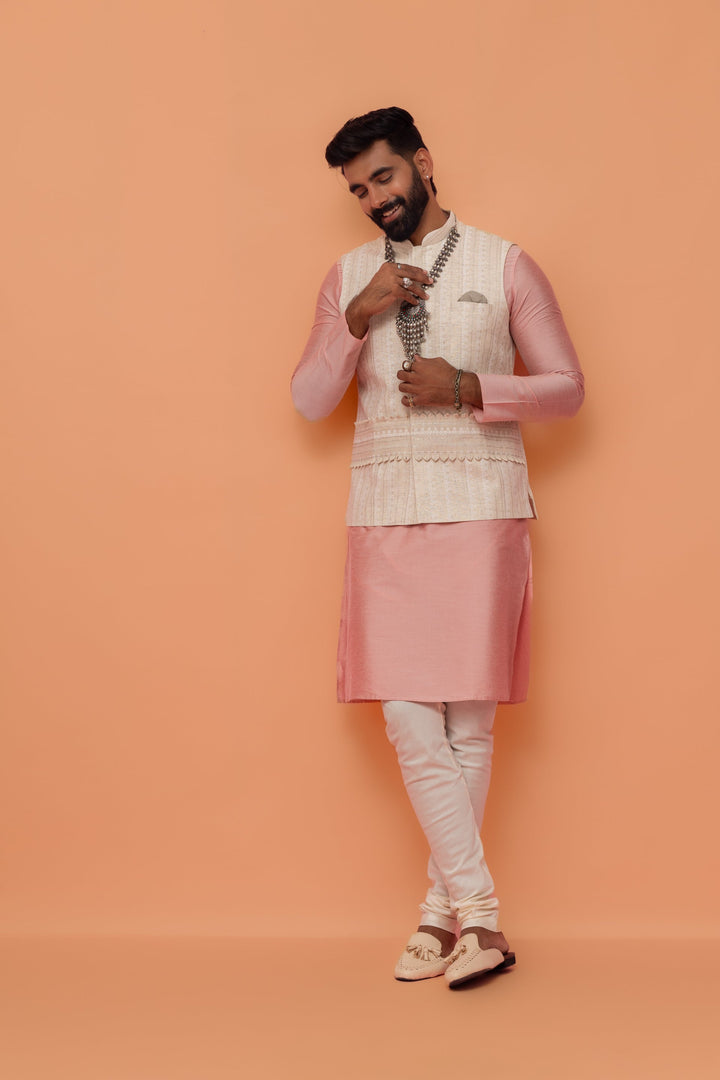 Beige Silk Blend Embroidered Nehru Jacket | SHOBITAM