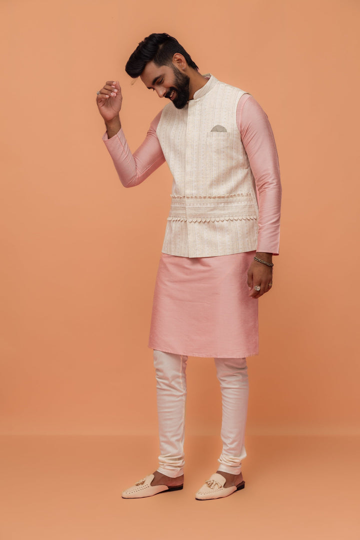 Beige Silk Blend Embroidered Nehru Jacket | SHOBITAM