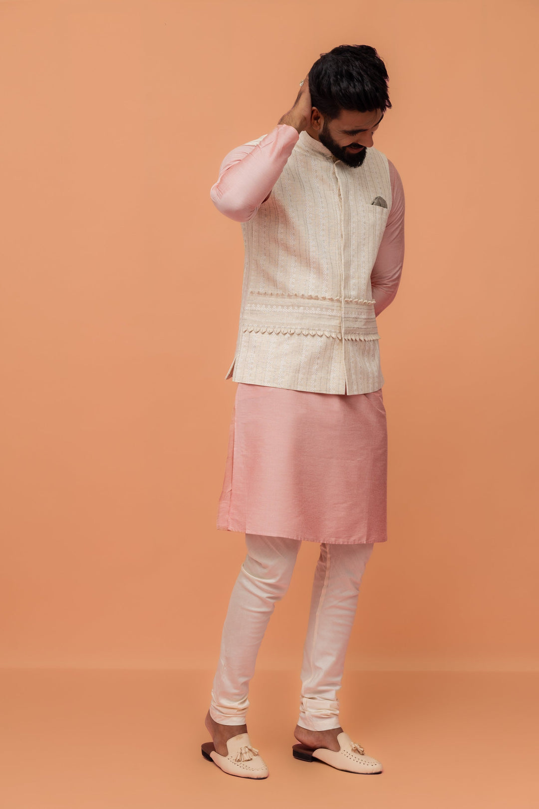 Beige Silk Blend Embroidered Nehru Jacket | SHOBITAM