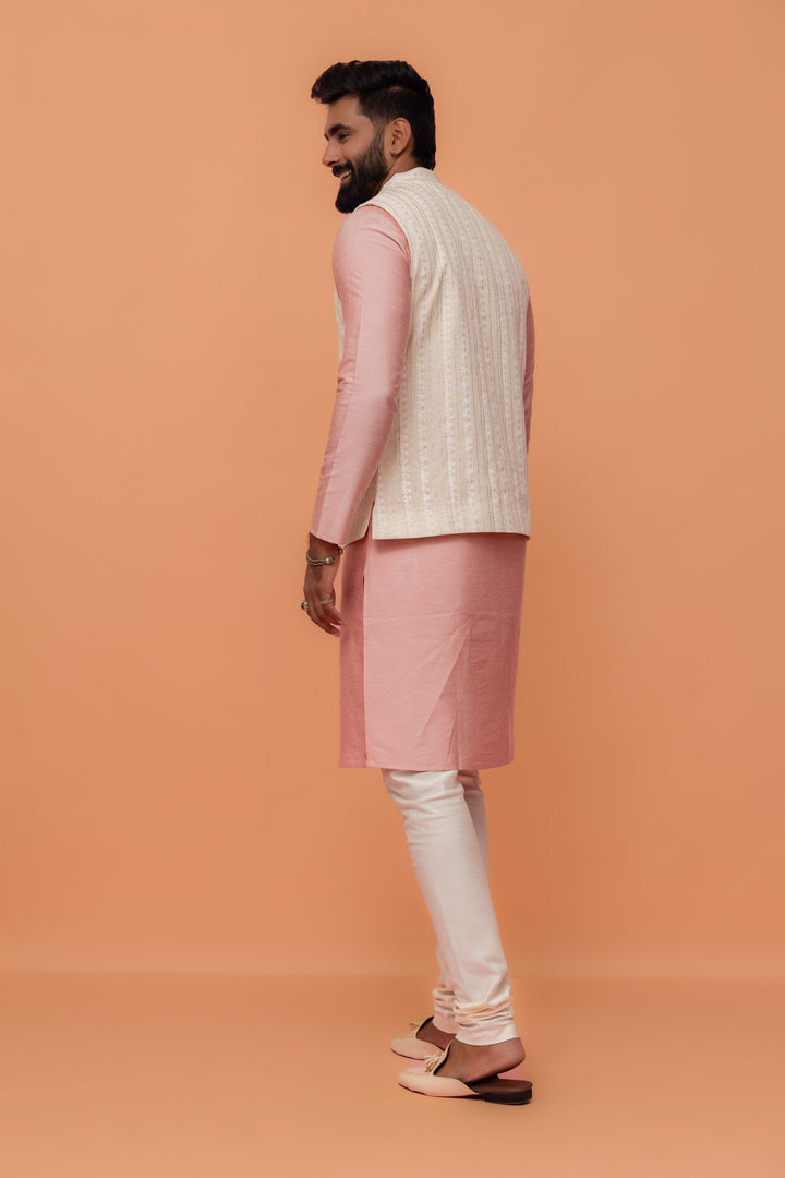 Beige Silk Blend Embroidered Nehru Jacket | SHOBITAM