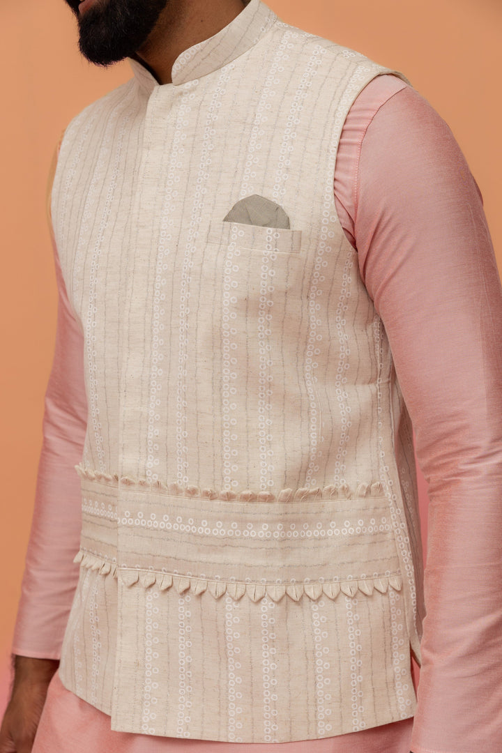 Beige Silk Blend Embroidered Nehru Jacket | SHOBITAM