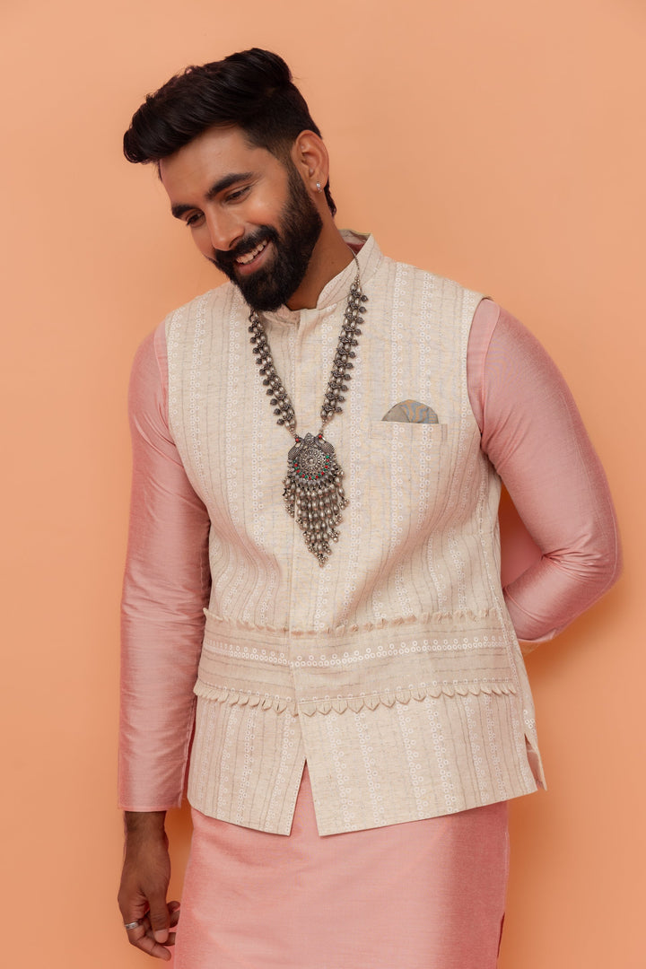 Beige Silk Blend Embroidered Nehru Jacket | SHOBITAM