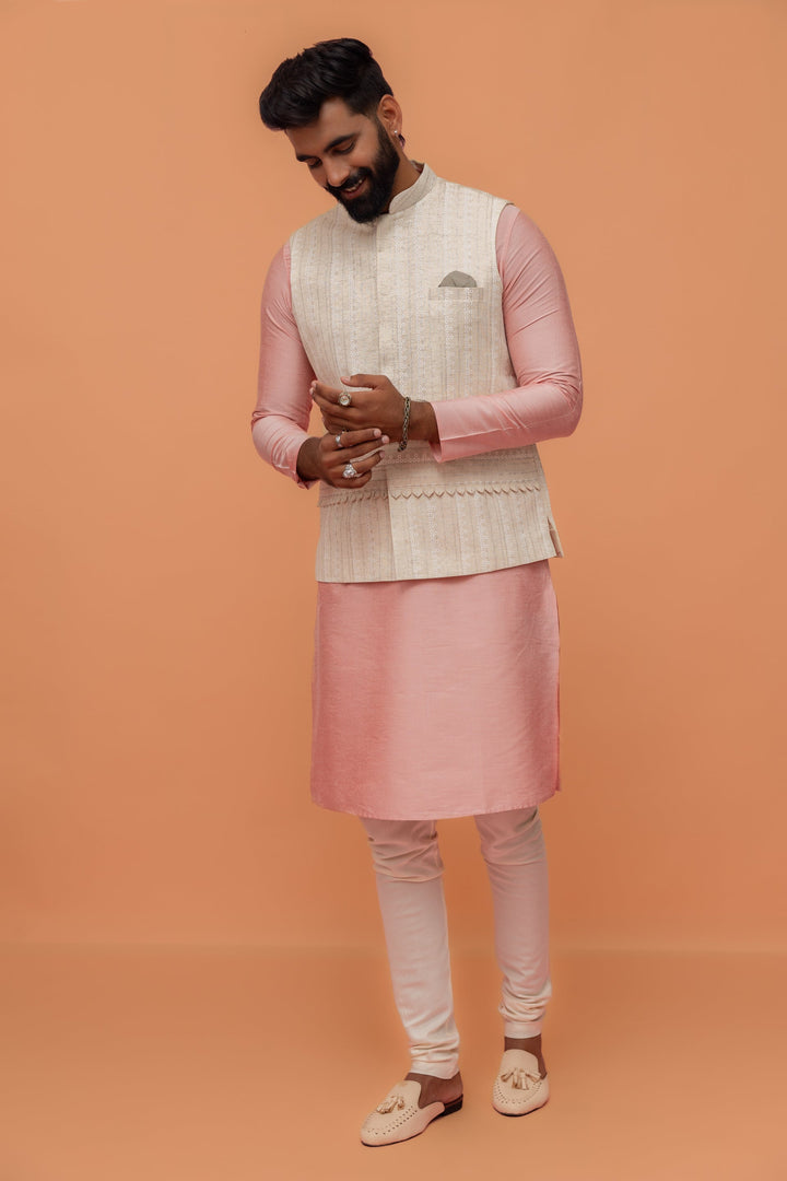 Beige Silk Blend Embroidered Nehru Jacket | SHOBITAM