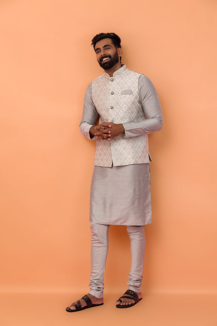 Grey Textured Nehru Jacket | SHOBITAM
