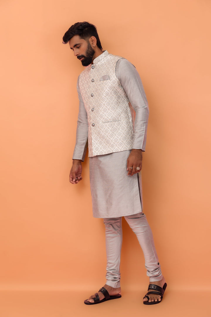 Grey Textured Nehru Jacket | SHOBITAM