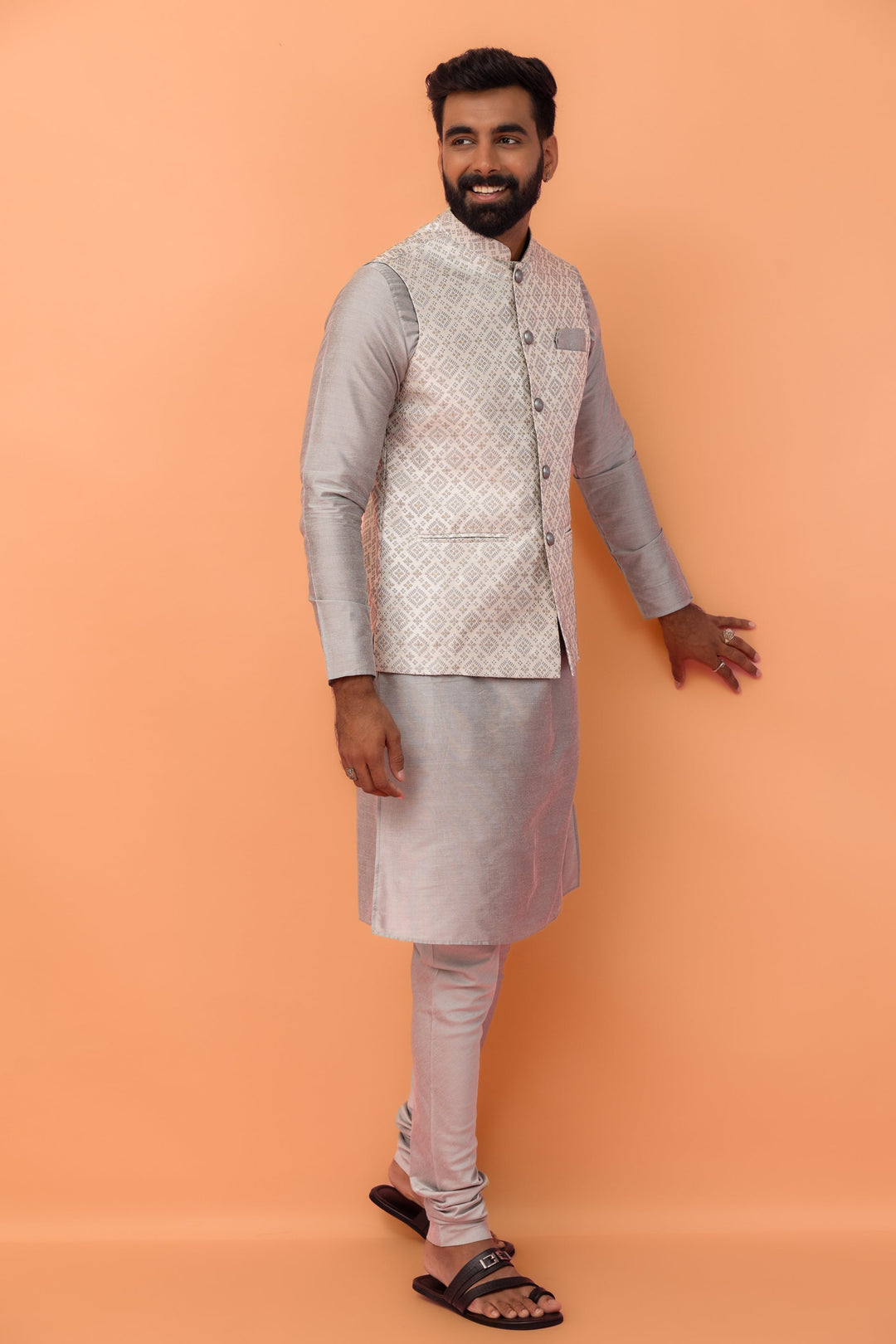 Grey Textured Nehru Jacket | SHOBITAM