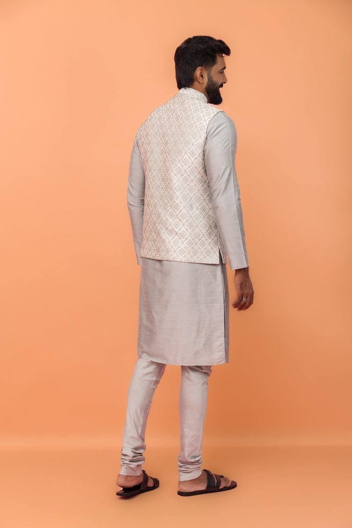 Grey Textured Nehru Jacket | SHOBITAM