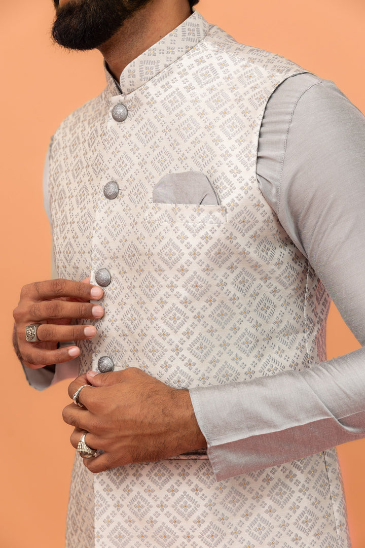 Grey Textured Nehru Jacket | SHOBITAM