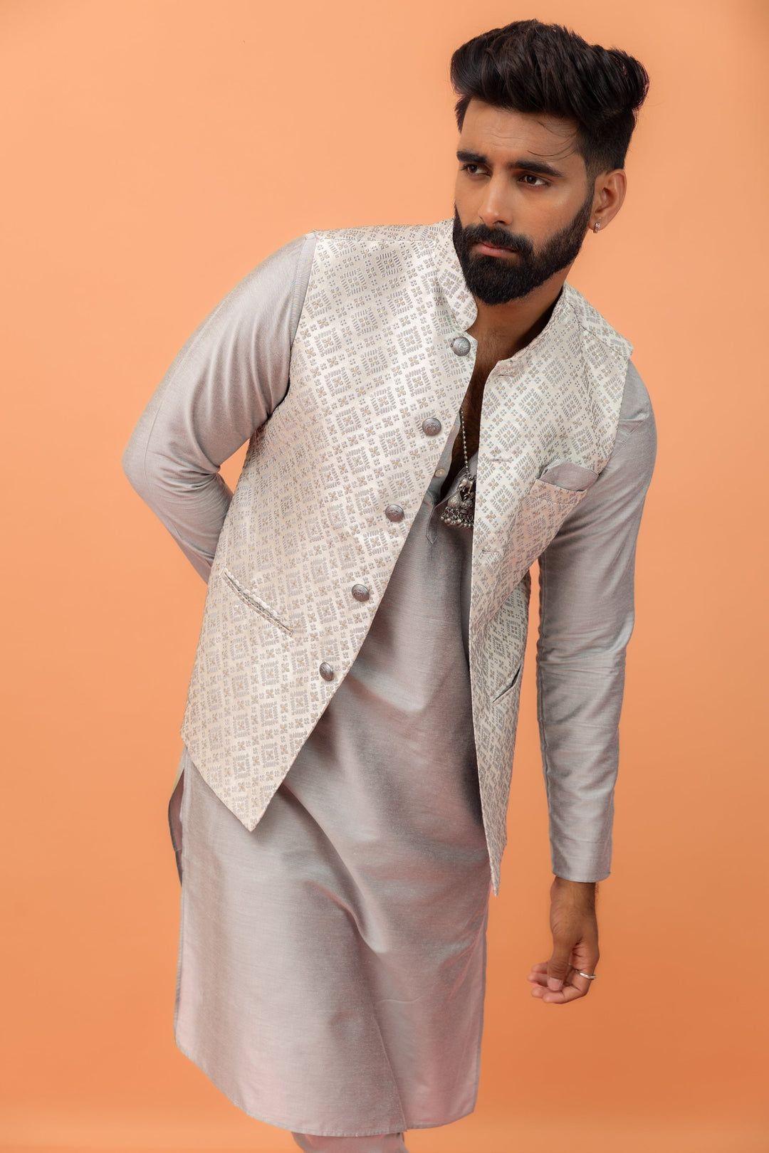 Grey Textured Nehru Jacket | SHOBITAM