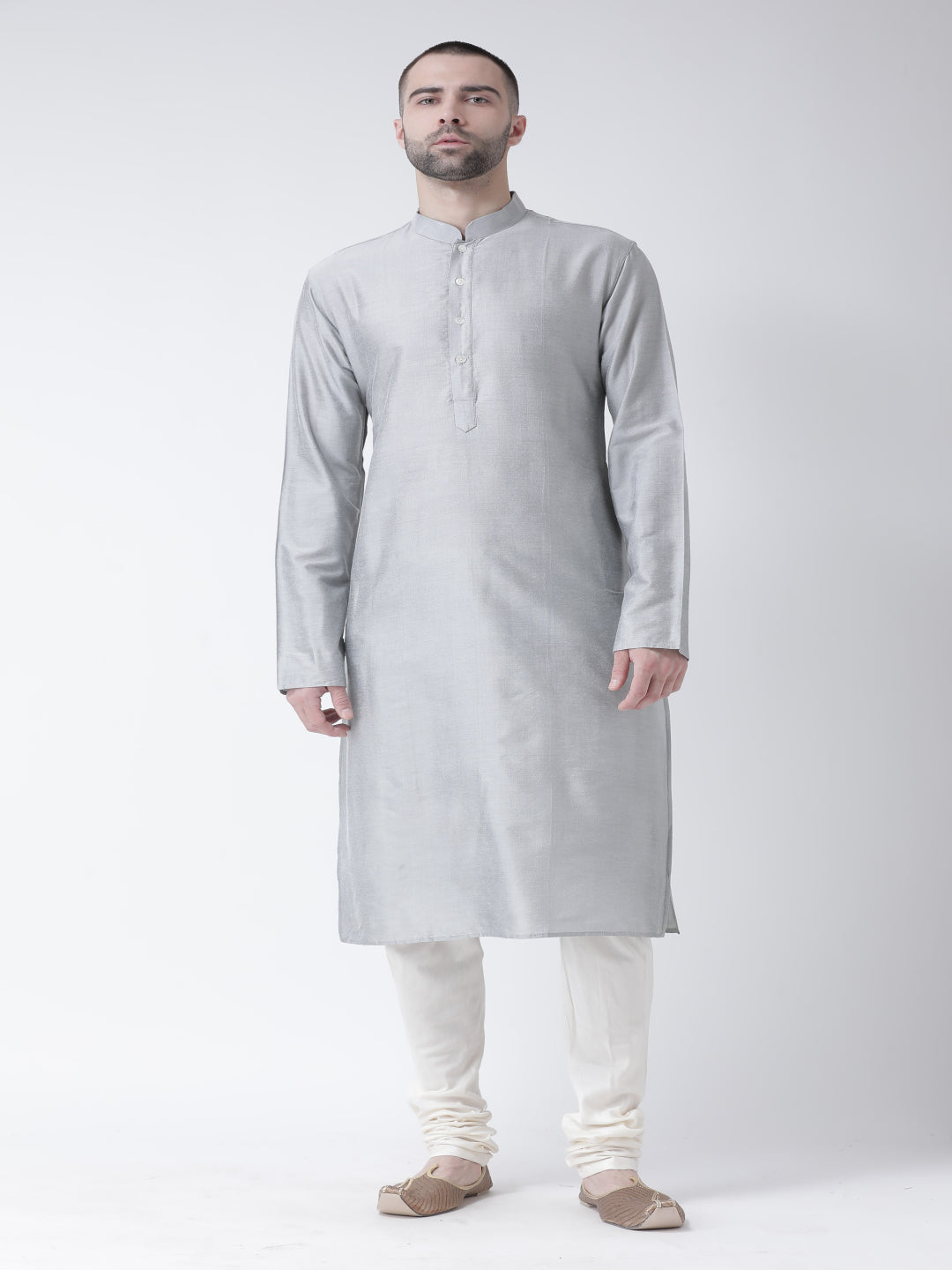 Grey Cotton Silk Solid Kurta Churidar Set | SHOBITAM