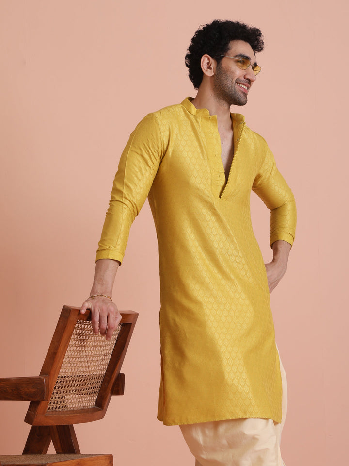 Yellow Silk Blend Jacquard Long Kurta | SHOBITAM