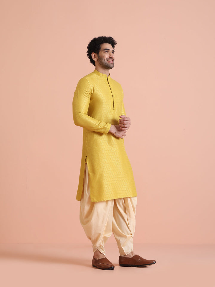 Yellow Silk Blend Jacquard Long Kurta | SHOBITAM