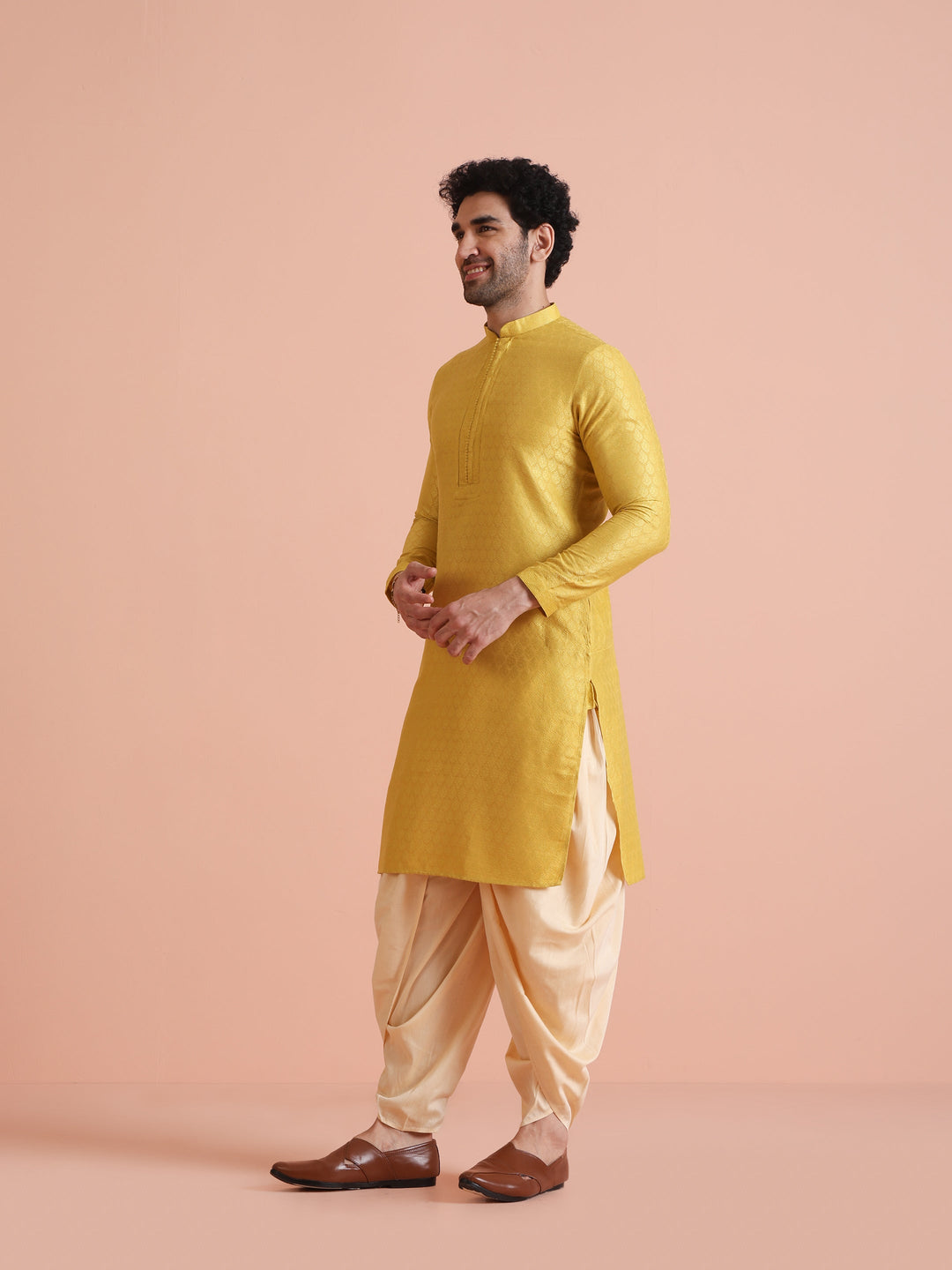 Yellow Silk Blend Jacquard Long Kurta | SHOBITAM