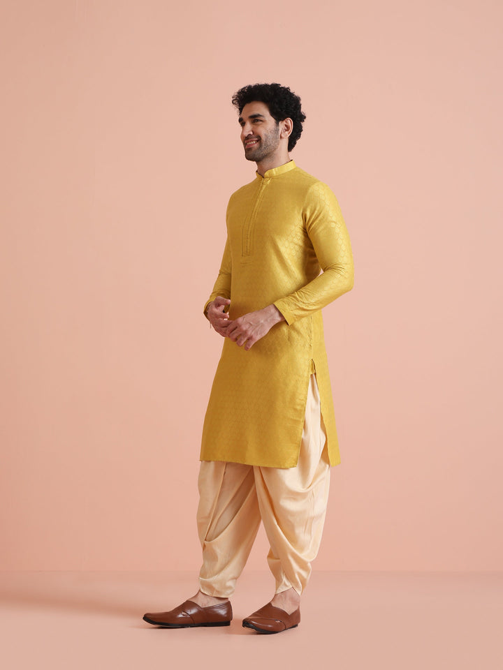 Yellow Silk Blend Jacquard Long Kurta | SHOBITAM