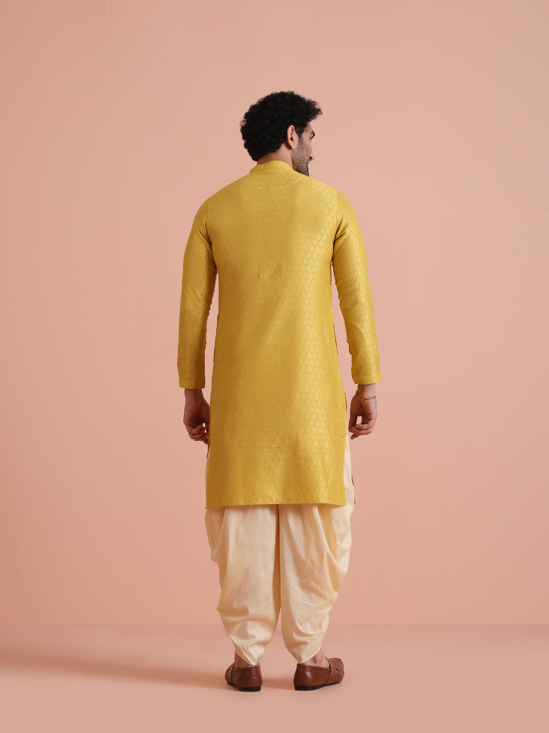 Yellow Silk Blend Jacquard Long Kurta | SHOBITAM