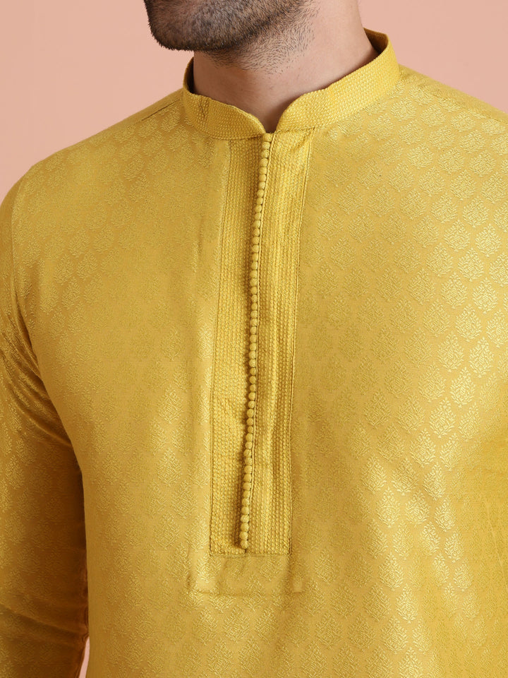 Yellow Silk Blend Jacquard Long Kurta | SHOBITAM
