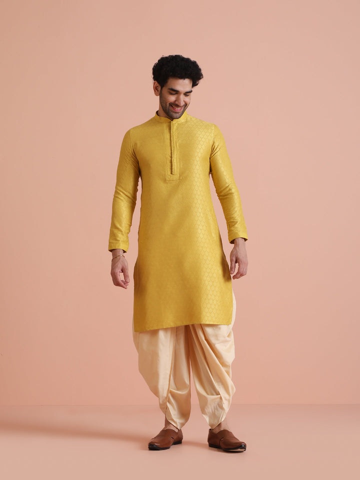 Yellow Silk Blend Jacquard Long Kurta | SHOBITAM