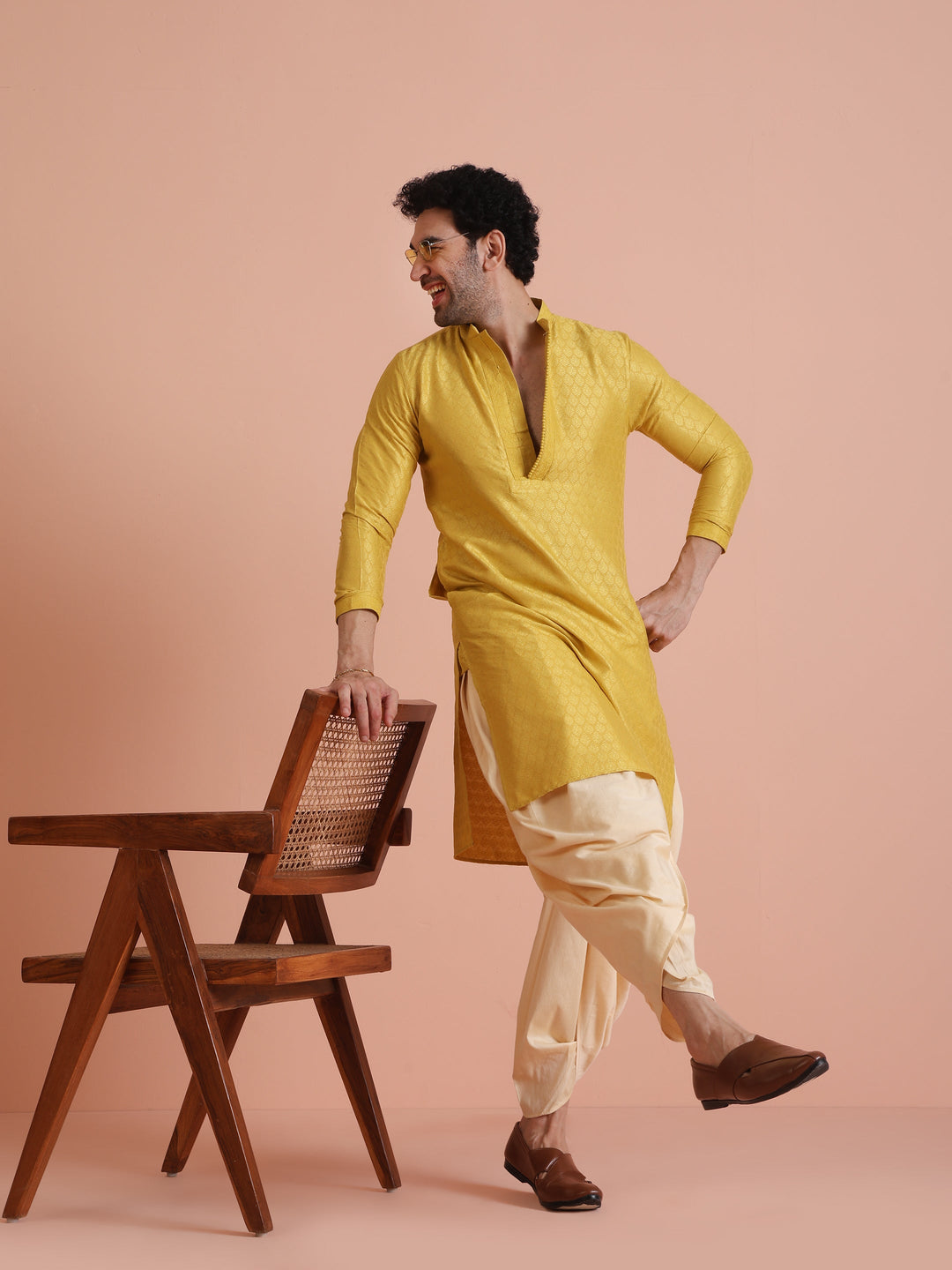 Yellow Silk Blend Jacquard Long Kurta | SHOBITAM