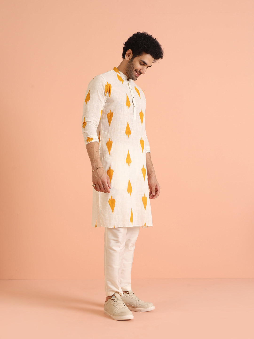 White Cotton Kurta with Mustard Ikat Prints | SHOBITAM
