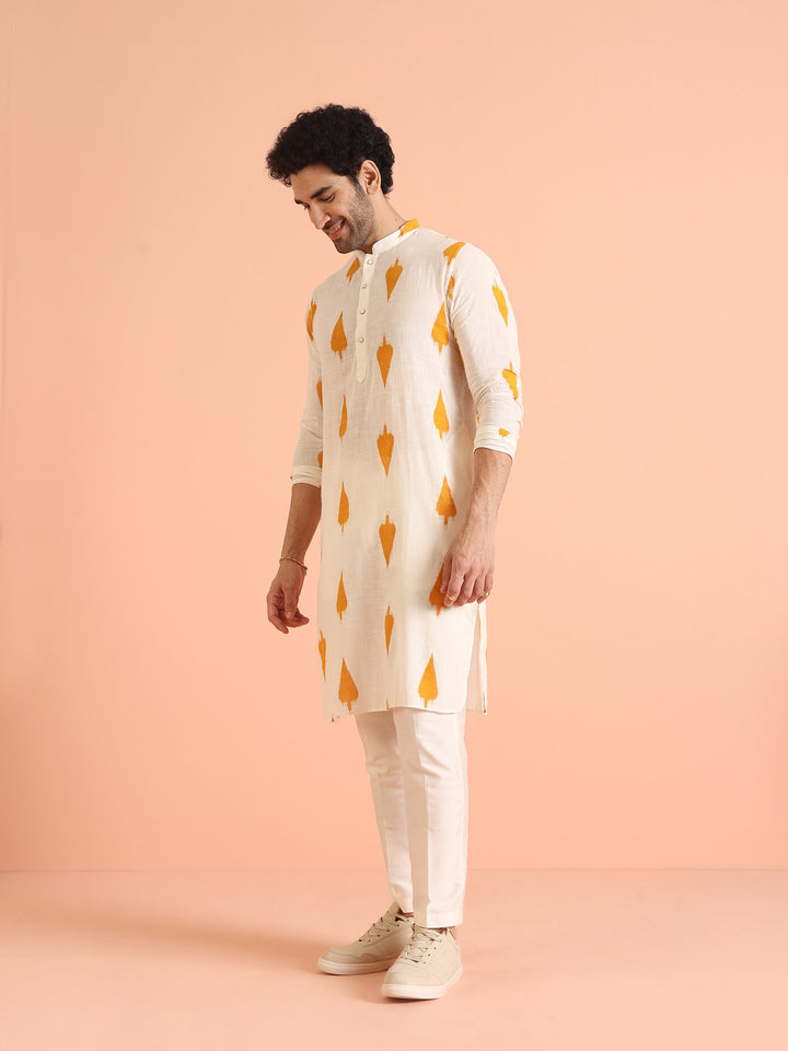 White Cotton Kurta with Mustard Ikat Prints | SHOBITAM