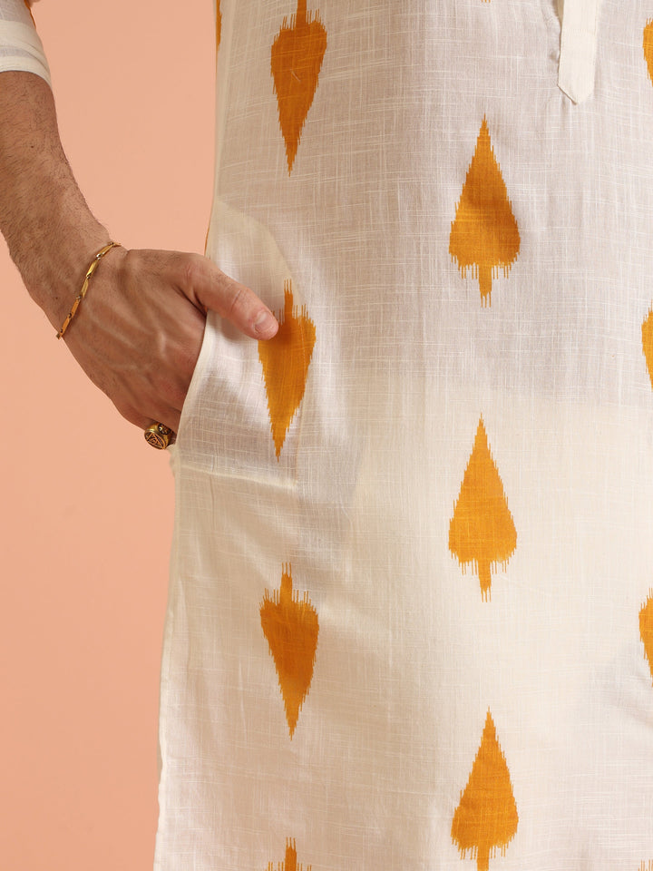 White Cotton Kurta with Mustard Ikat Prints | SHOBITAM