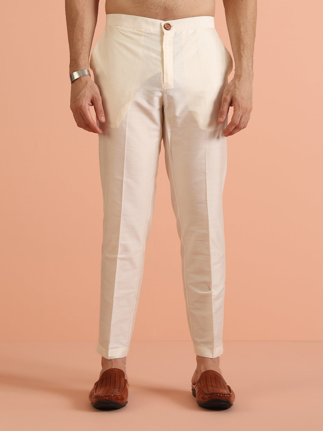 White Cotton Kurta Set with Mustard Ikat-Inspired Prints and Cream Trousers – Festive & Wedding Ensemble | SHOBITAM