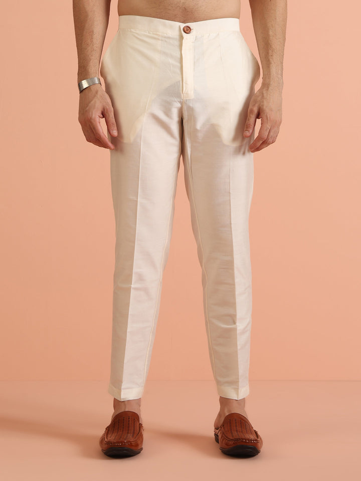 White Cotton Kurta Set with Mustard Ikat-Inspired Prints and Cream Trousers – Festive & Wedding Ensemble | SHOBITAM