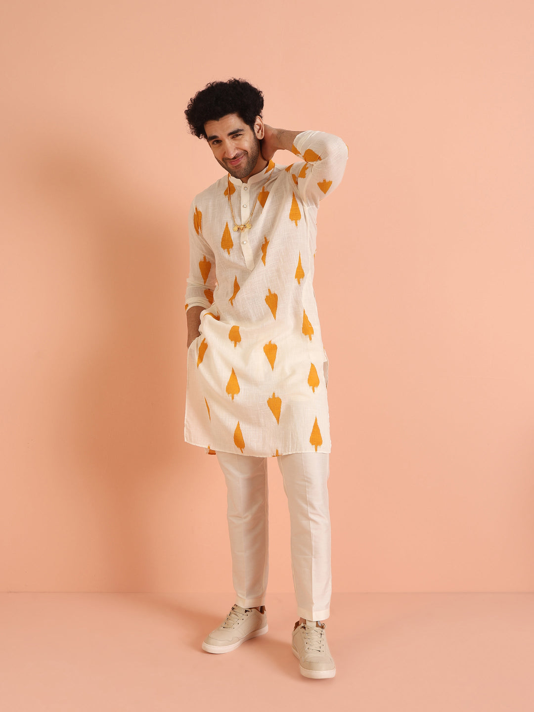 White Cotton Kurta with Mustard Ikat Prints | SHOBITAM