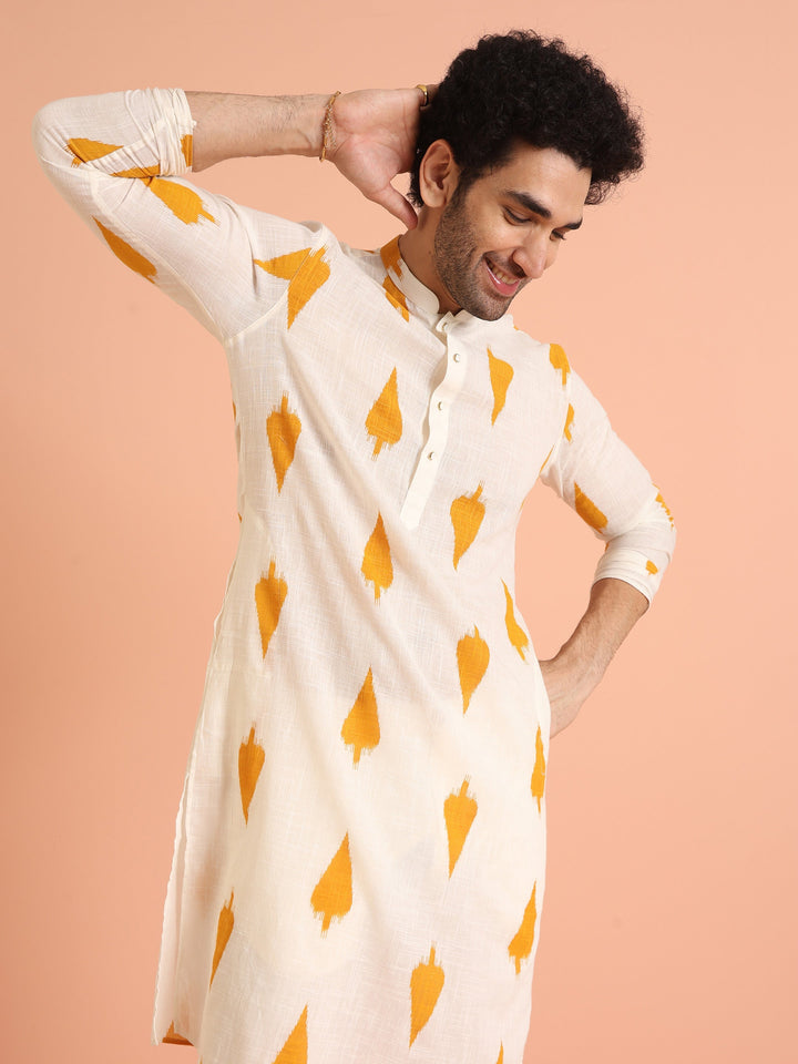 White Cotton Kurta with Mustard Ikat Prints | SHOBITAM