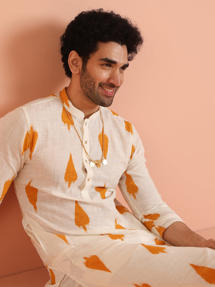 White Cotton Kurta with Mustard Ikat Prints | SHOBITAM