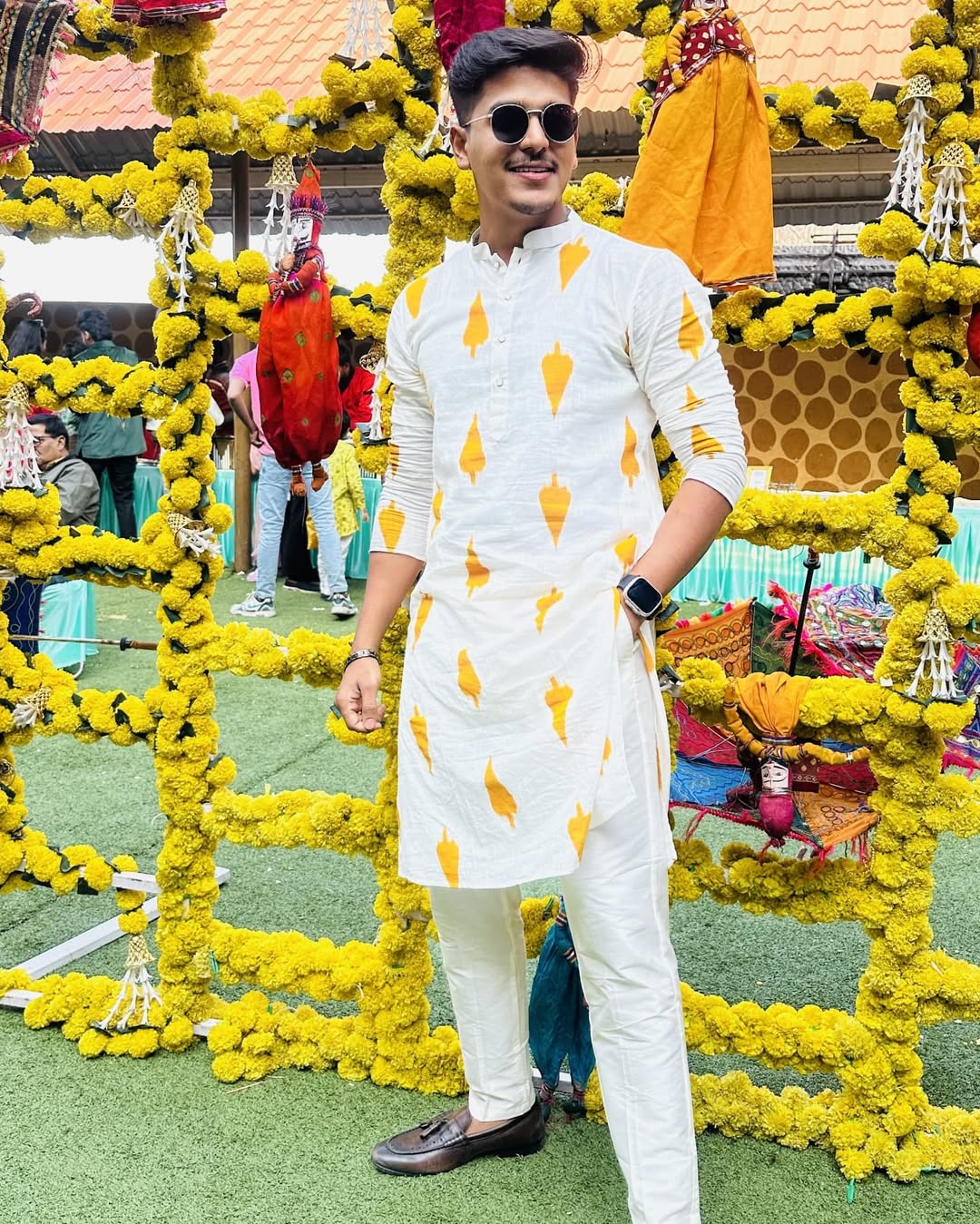 White Cotton Kurta Set with Mustard Ikat-Inspired Prints and Cream Trousers – Festive & Wedding Ensemble | SHOBITAM