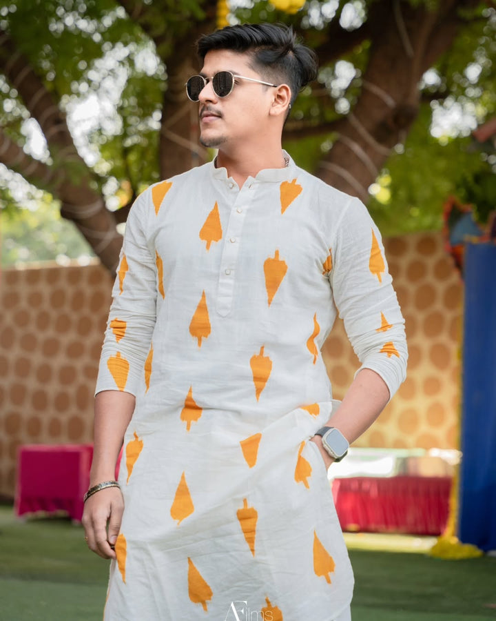 White Cotton Kurta with Mustard Ikat Prints | SHOBITAM