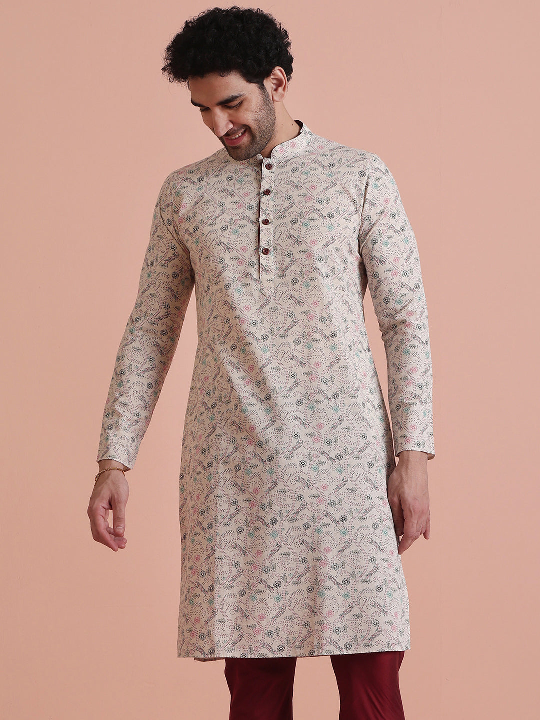 Beige Printed Cotton Kurta with Multicolor Kantha-Inspired Motifs for Festive Wear | SHOBITAM