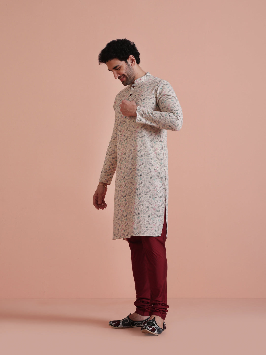 Beige Printed Cotton Kurta with Multicolor Kantha-Inspired Motifs for Festive Wear | SHOBITAM