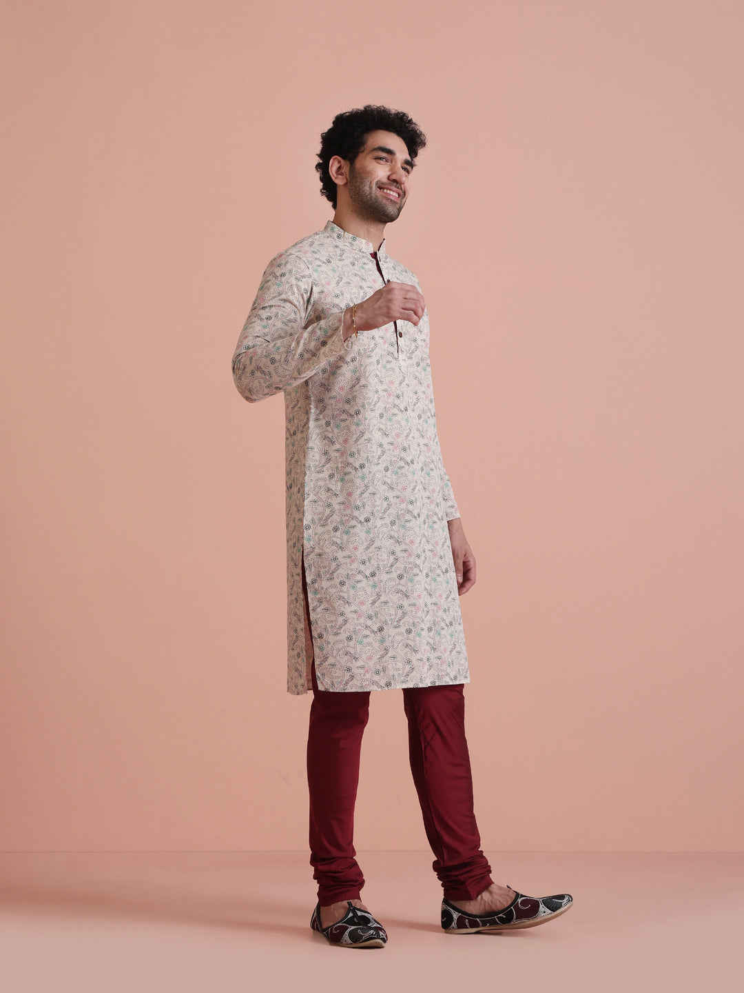 Beige Printed Cotton Kurta with Multicolor Kantha-Inspired Motifs for Festive Wear | SHOBITAM