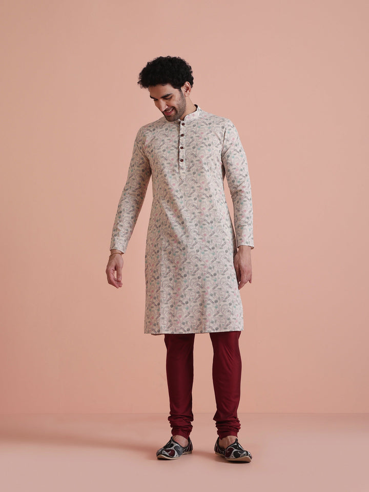 Beige Printed Cotton Kurta with Multicolor Kantha-Inspired Motifs for Festive Wear | SHOBITAM