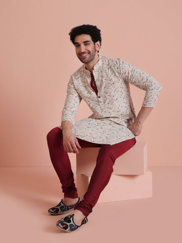 Beige Printed Cotton Kurta with Multicolor Kantha-Inspired Motifs for Festive Wear | SHOBITAM