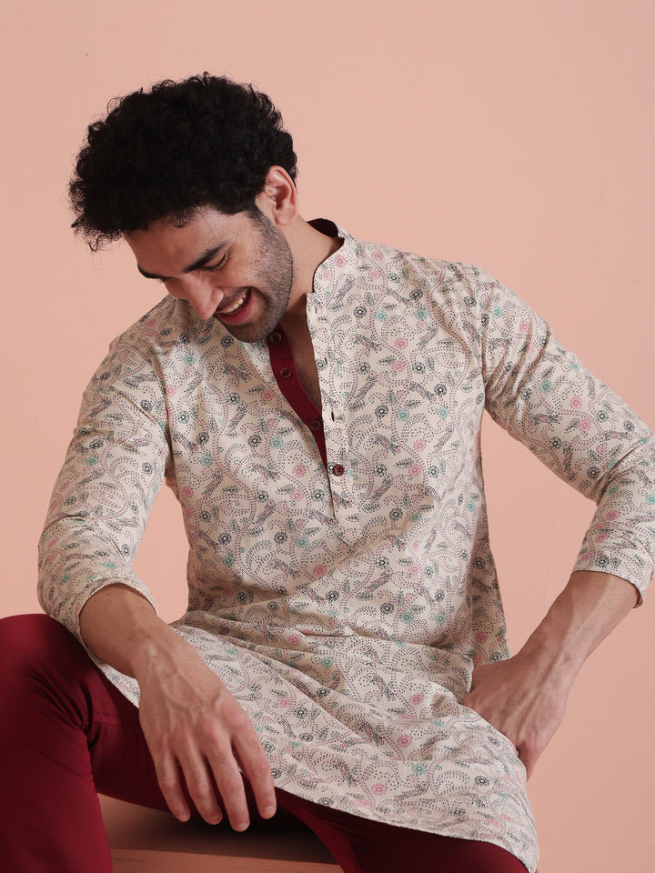 Beige Printed Cotton Kurta with Multicolor Kantha-Inspired Motifs for Festive Wear | SHOBITAM