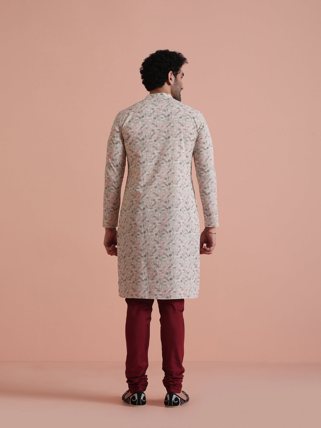 Men Off White Floral Printed Kurta Churidar Set Classic Festive Wear | SHOBITAM
