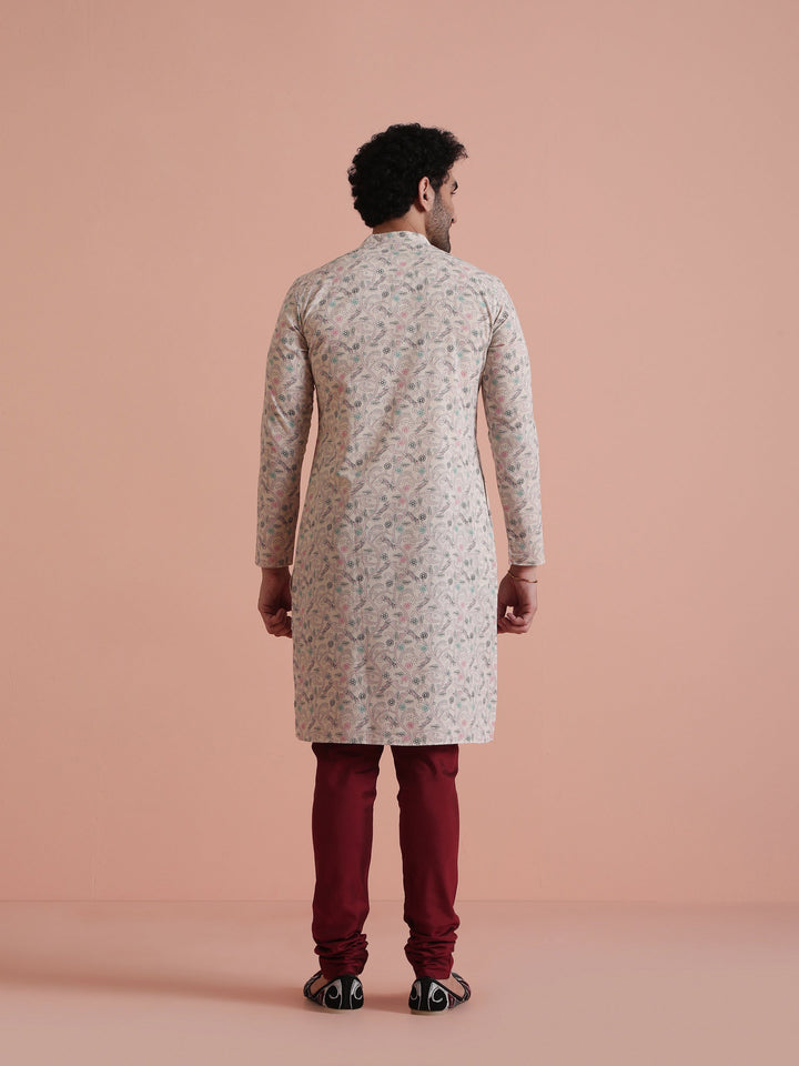 Men Off White Floral Printed Kurta Churidar Set Classic Festive Wear | SHOBITAM