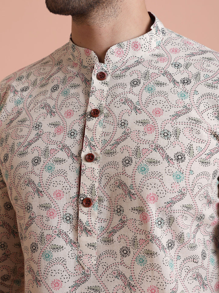 Men Off White Floral Printed Kurta Churidar Set Classic Festive Wear | SHOBITAM