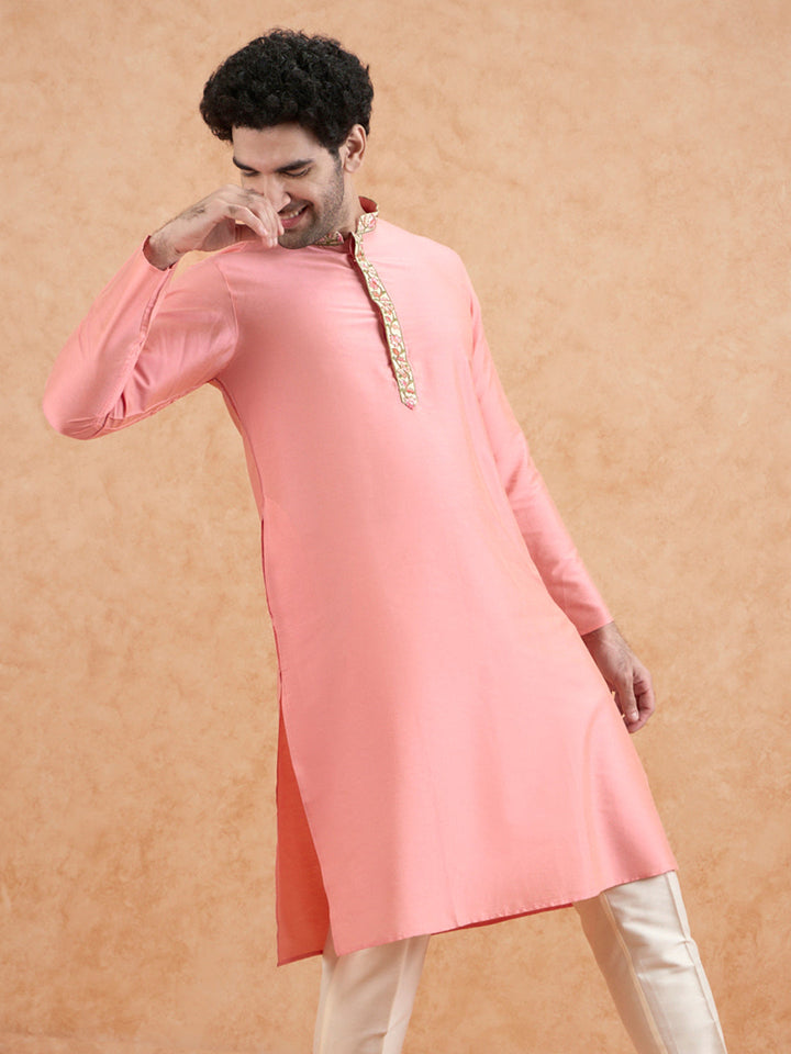 Pink Kurta with Embroidered Neckline | SHOBITAM